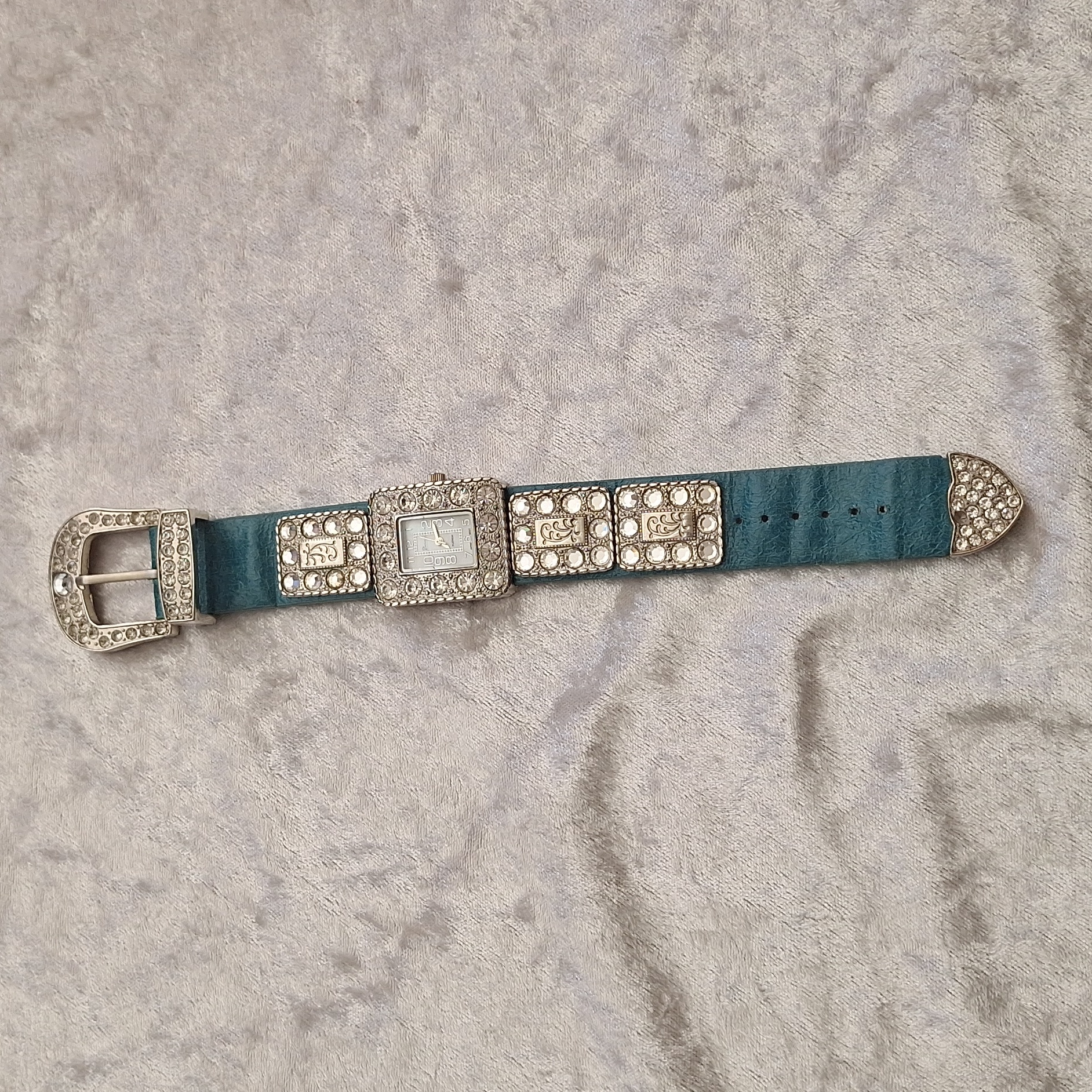 Geneva Platinum No. 7741 Japan Movt. Turquiose And Rhinestone Bracelet Watch